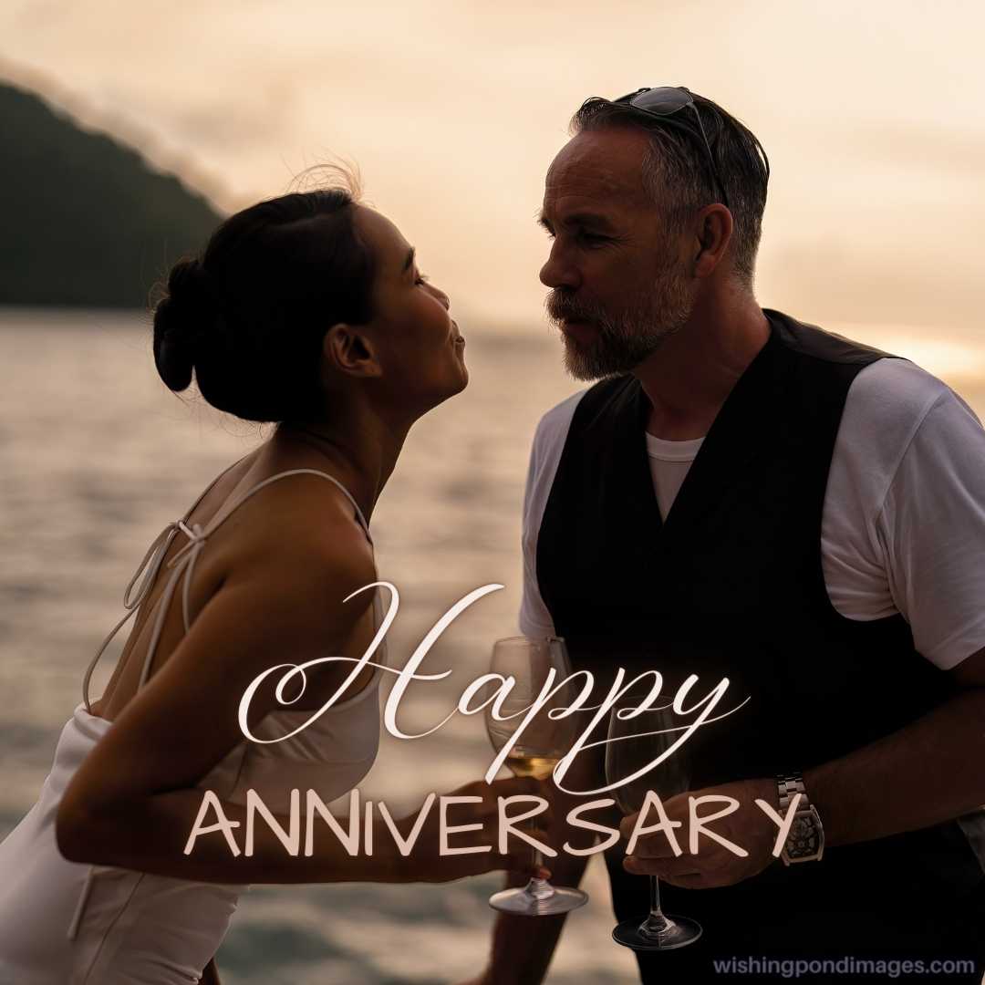 Business man and wife on holiday in the yacht deck freedom celebration anniversary drink and kiss