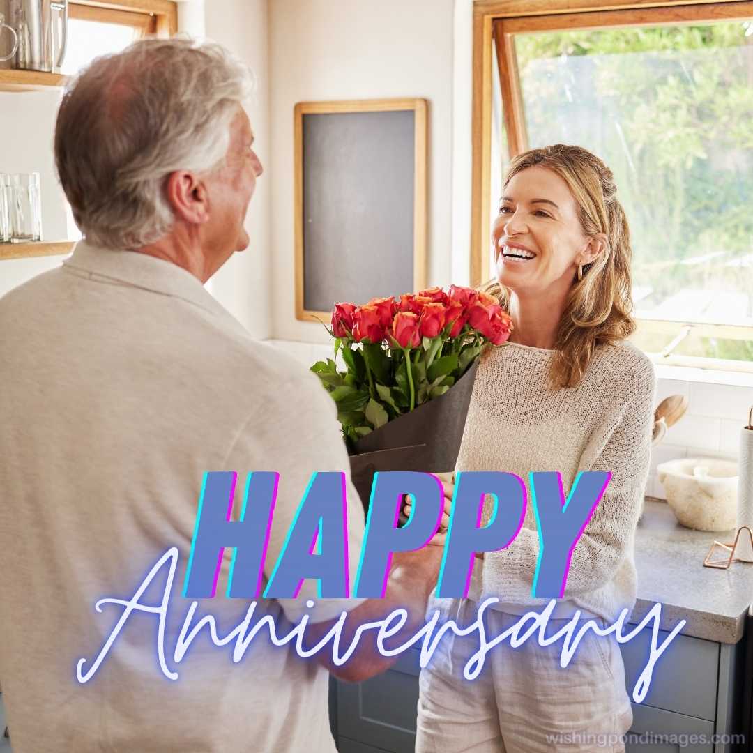 Surprise, flowers, love celebration and couple with smile to celebrate anniversary