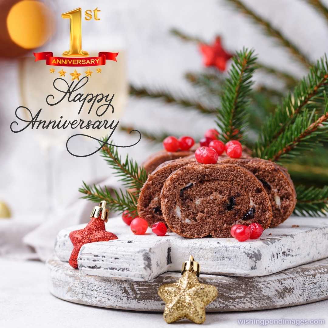 Christmas festive chocolate roll cake with cream